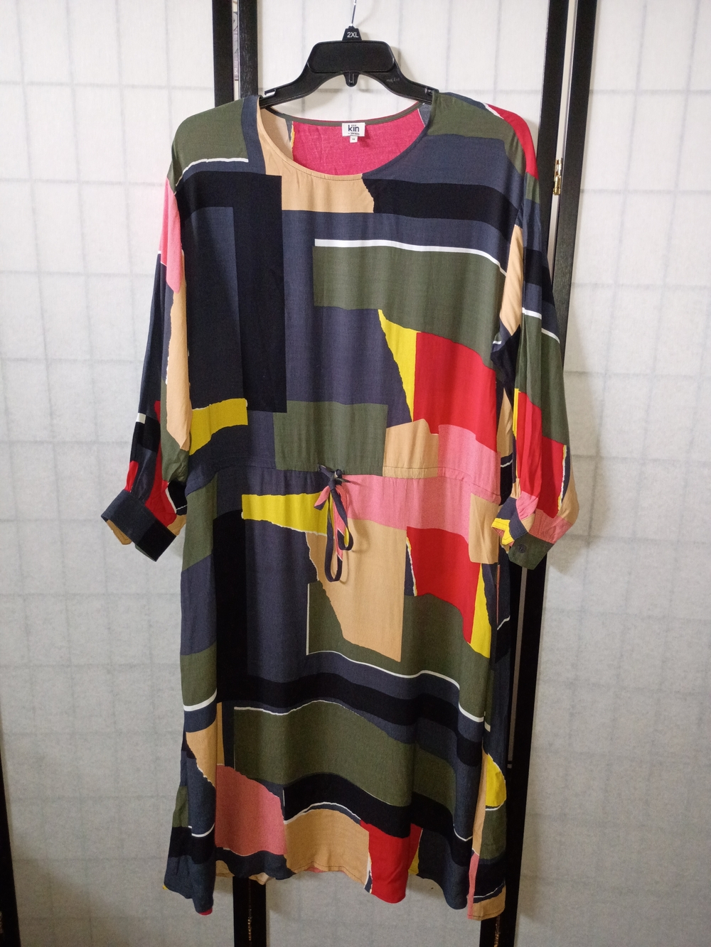 Abstract Colorblock Long Sleeve Midi Dress - Green & Pink